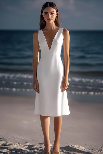 White Sheath V Neck Satin Knee Length Graduation Dress